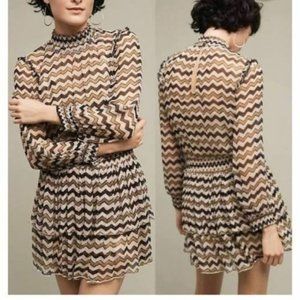 HD In Paris Anthropologie Sierade Zigzag Mini Dress Ruffle Smocked size 0